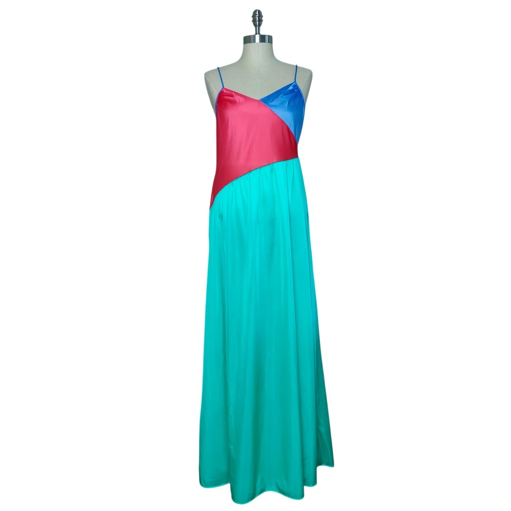 Vintage 80s Colorblock Maxi Slip Dress Nightgown Nylon USA Large Teal Maximalist